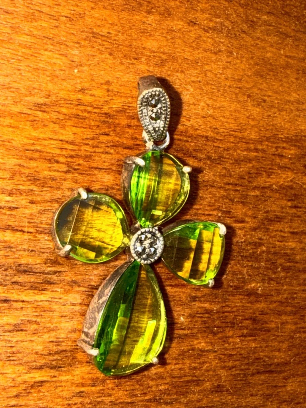 Vintage Sterling Silver Peridot & Marcasite Cross Pendant - 1.67 inch